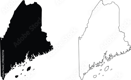 Maine state silhouette and outline map, black filled shape with border, geographic boundary design, educational minimal art illustration