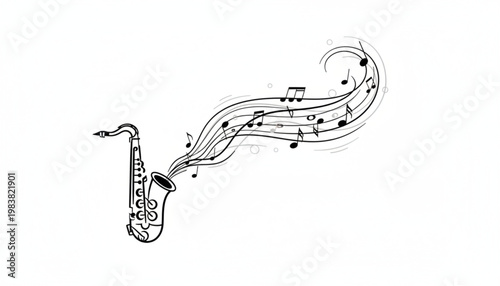 A black and white line art illustration of a saxophone with musical notes and staves flowing dynamically from its bell, depicting the essence of music.
