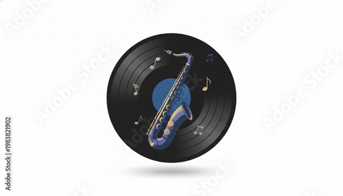 A black vinyl record with a blue saxophone and musical notes floating on a white background, symbolizing jazz music and audio entertainment.