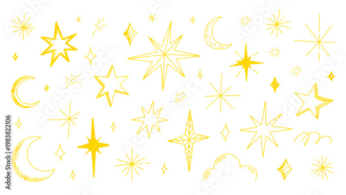 Whimsical collection of stars, moons, and celestial symbols in an artistic design Vector