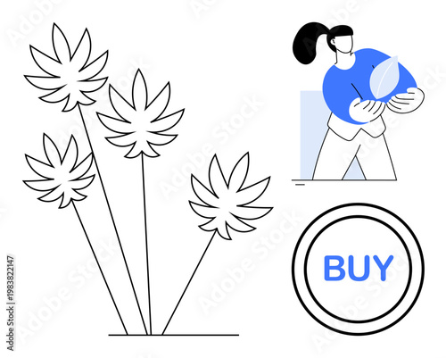 Cannabis legalization, e-commerce, retail, purchasing trends, online shopping, sustainable products. Woman holding a cannabis leaf with stylized marijuana leaves and a buy button. E-commerce