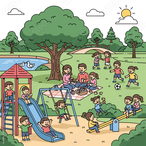 A vibrant illustration depicts a sunny day in a park with families and children enjoying various activities like playing on a playground, having a picnic, and interacting with nature.
