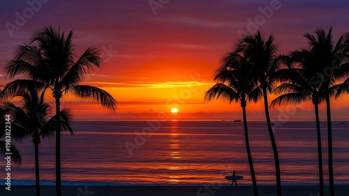 Tropical Sunset Paradise - Silhouetted Palms and Vibrant Ocean Reflections.