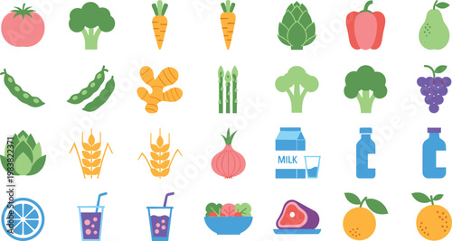 Food and Drink Icons Set Featuring Vegetables, Fruits, Drinks, and Dairy Products, Perfect for Nutrition, Healthy Eating, and Grocery Themes in Digital Designs.