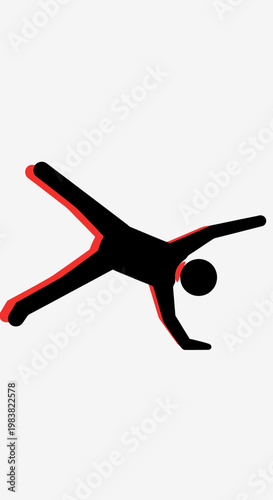Dynamic stick figure in a handstand or cartwheel pose.