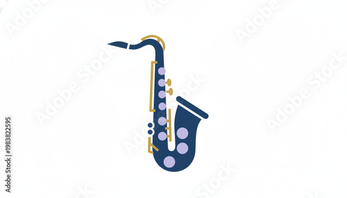 Stylized illustration of a dark blue saxophone with gold accents and light blue keys on a clean white background.