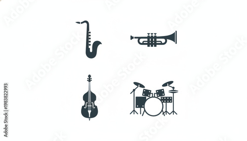 Four dark silhouettes of musical instruments including a saxophone, trumpet, double bass, and drum kit on a white background.