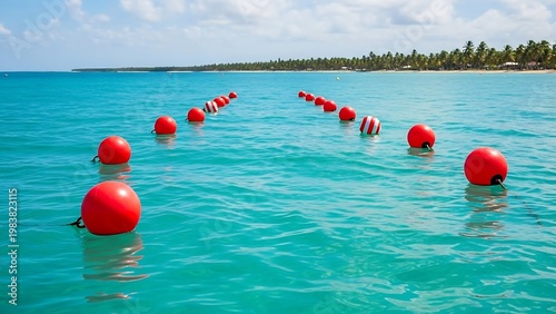 Turquoise Waters and Red Buoys - A Tropical Beach Scene.