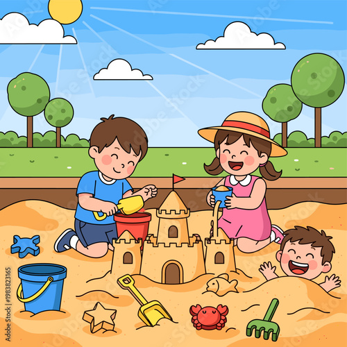 Two happy children building a sandcastle on a sunny day at the beach, with a third child playing nearby.