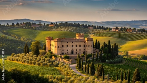 Tuscan Castle Amidst Rolling Hills at Sunset - A Timeless Italian Landscape.