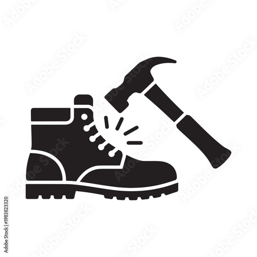 A hammer striking the toe of a black work boot in a graphic style