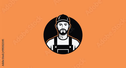 Bearded worker icon, laborer logo, male avatar, worker emblem, industrial symbol