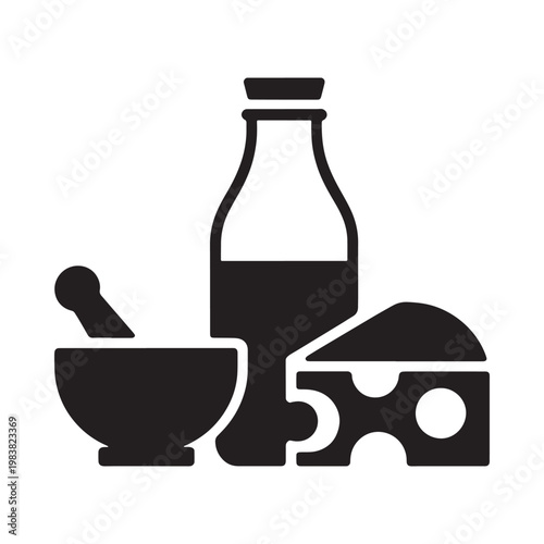 Black silhouette depicting a mortar pestle cheese and bottle