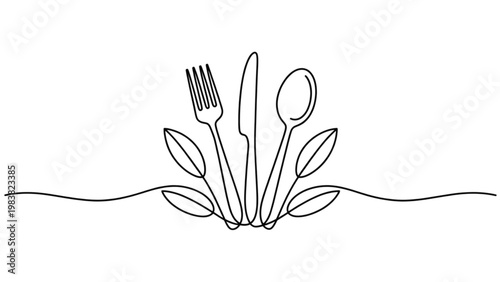 Foto Minimalist line drawing of utensils growing from a plant Vector
