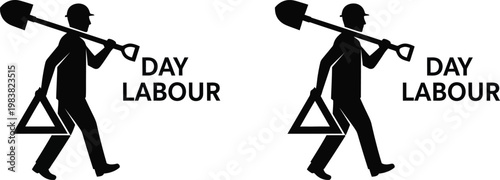 Day labour construction worker silhouette, manual laborer with shovel, industrial work icon
