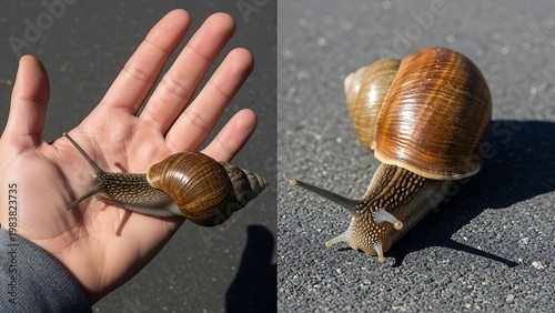 Two images of a Roman snail, one in a hand.