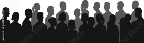 Crowd silhouette of people, diverse human group profile, black and grey audience vector