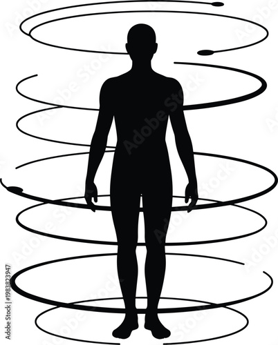 Silhouette human figure with spiraling energy lines, aura concept, magnetic field visualization, dynamic motion, spiritual energy flow illustration