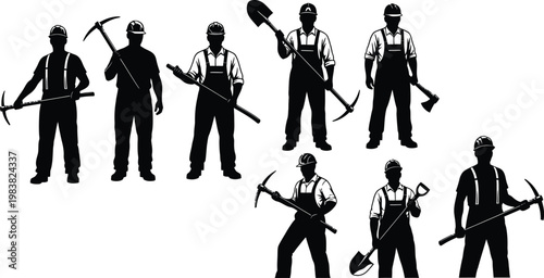 Industrial miner silhouette set, construction worker with pickaxe and shovel, 8 vector icons