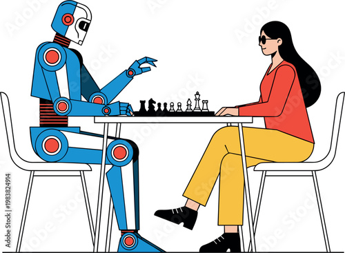 Human versus AI chess game strategy concept with robot and woman playing board game intelligence competition vector illustration