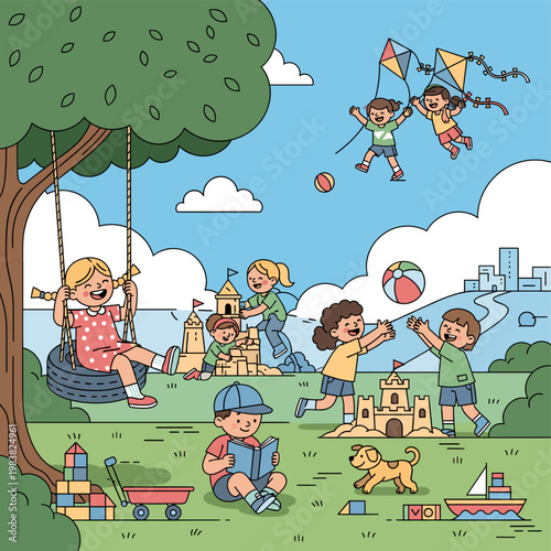 A vibrant illustration depicting numerous happy children engaged in various outdoor activities like playing with kites, building sandcastles, swinging, and reading in a sunny park.