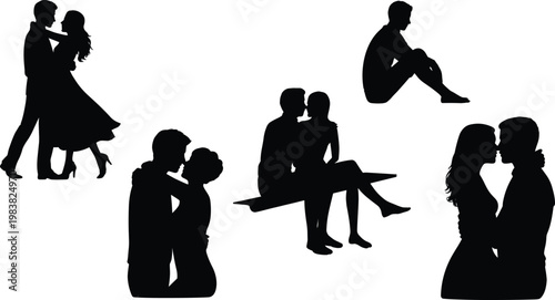 PrintSilhouette pairs of people in various poses, human connection concept, body language illustration, minimal black art design