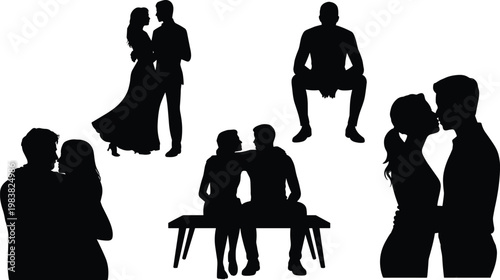 Silhouettes of people in various poses, embracing, dancing, sitting, companionship concept, human connection artwork illustration design