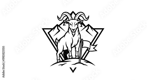 Black and white illustration of a goat standing on a hill with mountains