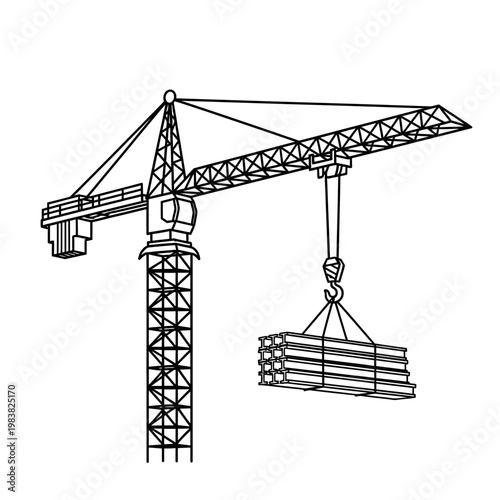 Black line drawing of a construction crane lifting a stack of metal beams