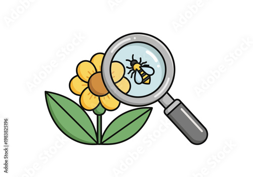Magnifying glass examining a bee on a yellow flower closely