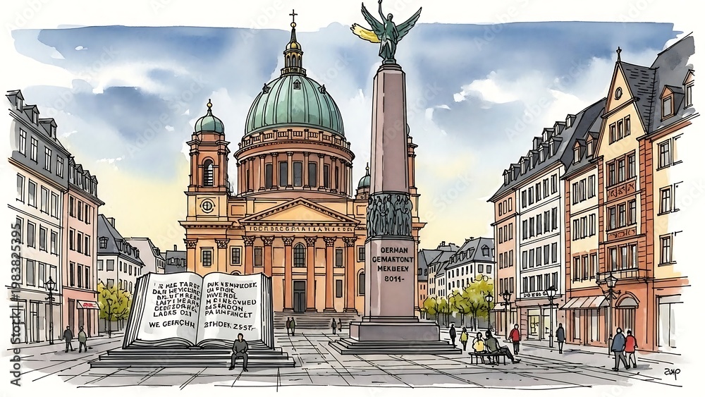 Fototapeta premium Watercolor Illustration of Gendarmenmarkt Square in Berlin, Germany.