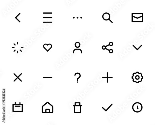 Interface essentials icon set. Minimal line UI vector icons pack. Includes symbols for back, menu, search, email, user, share, close, add, calendar, trash and more.