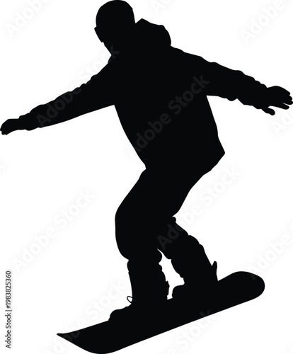 Snowboarder silhouette in dynamic motion, winter sports concept, athletic balance illustration, minimal black art design, outdoor adventure figure