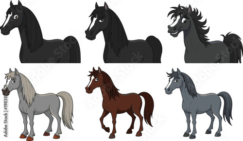 Cartoon Horse Set Featuring Six Different Horses with Various Colors and Poses for Animal, Farm, and Kids Illustration Design