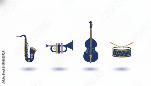 Stylized illustration of various musical instruments including saxophone, trumpet, double bass, and drum on a white background.