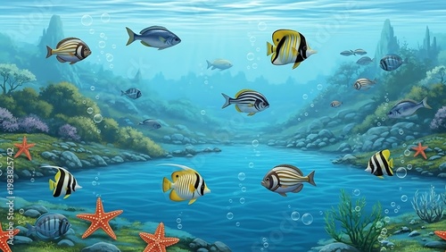 Underwater world scene with colorful fish and coral reefs.