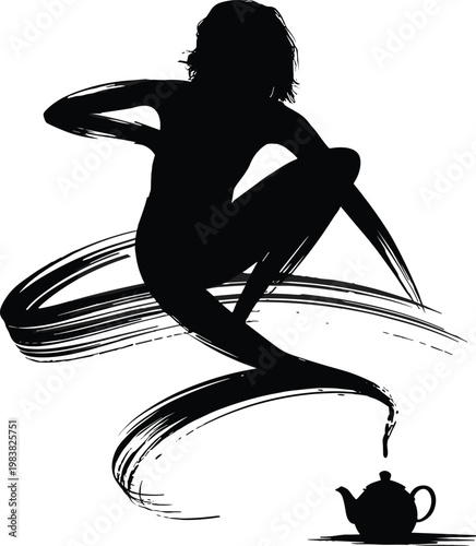 Stylized silhouette rising from teapot, abstract genie spirit, magical steam figure, mystical aura, fantasy illustration, creative design concept artwork