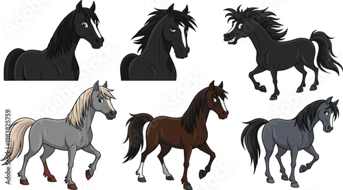 Cartoon Horse Set Featuring Six Different Horses with Various Poses, Expressions, and Fur Colors for Animal, Farm, and Kids Illustration Design