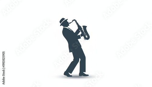 A silhouette icon of a man in a hat and suit playing a saxophone, depicting a jazz musician.