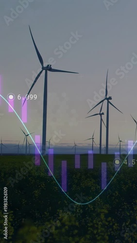 Group of wind turbines standing over flowering field at dawn showing purple bars and cyan waveform