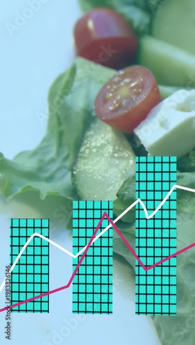 Camera pulling back revealing composed salad, animated bars entering lower third showing nutrition