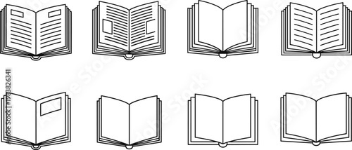 Open Book Icon Set Featuring Various Book Designs for Education, Literature, and Learning Illustrations