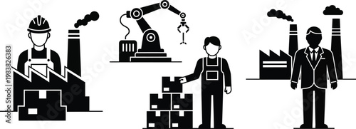 Industrial manufacturing icons, factory worker and robotic arm vector, production line set