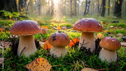Sunlit Boletus Edulis Mushrooms in Forest - A Natural Autumn Scene.