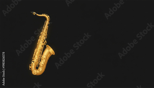 A gleaming golden saxophone stands upright against a stark black background, highlighting its polished metallic surface and intricate keywork.