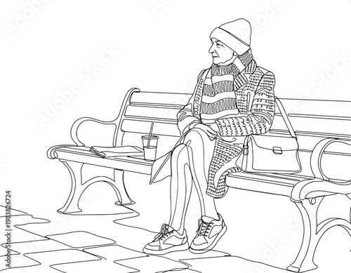 continuous line art of an elderly man wearing a flat cap sitting alone on a wooden bench in contemplation.