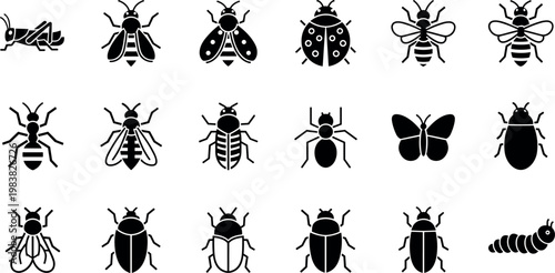 Insect icons set with bugs beetles butterflies ants collection biology entomology silhouette vector illustration