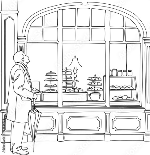 continuous line art of an elegant man with an umbrella standing and looking at a classic French bakery storefront.