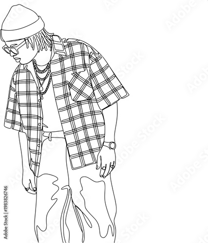 continuous line art of a trendy man with dreadlocks wearing a plaid shirt, beanie, and glasses looking downward stylishly.