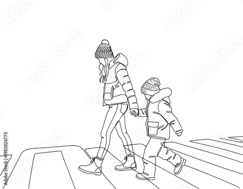 continuous line art of a mother and her young child wearing winter clothes holding hands while crossing a street.